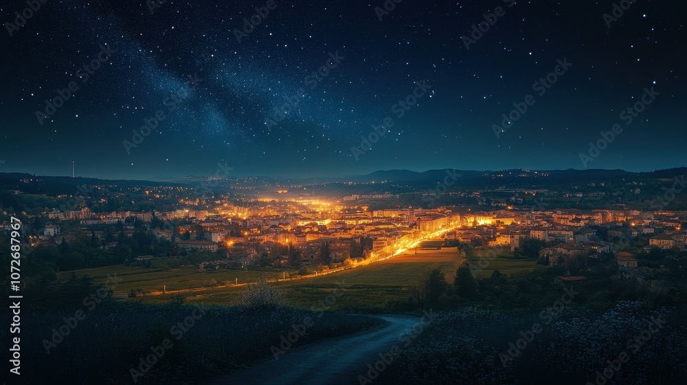Naklejka premium Night View of Town with Milky Way and Stars.