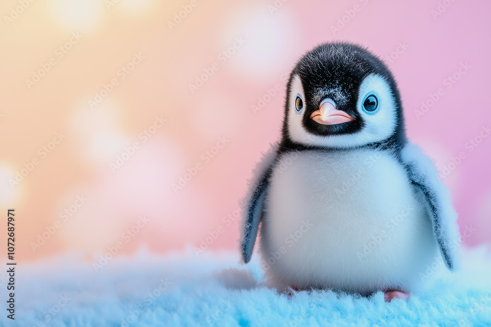 Naklejka premium Adorable Baby Penguin with Soft Feathers and Expressive Eyes Against a Gentle Pastel Background in a Heartwarming Winter Setting
