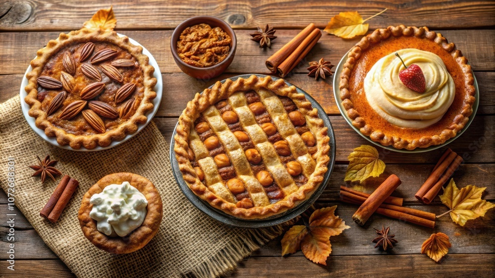 A rustic autumnal table setting with a selection of homemade pies, adorned with cinnamon sticks, star anise, and autumn leaves. A rustic autumnal table setting with a selection of homemade pies, adorned with cinnamon sticks, star anise, and autumn leaves.