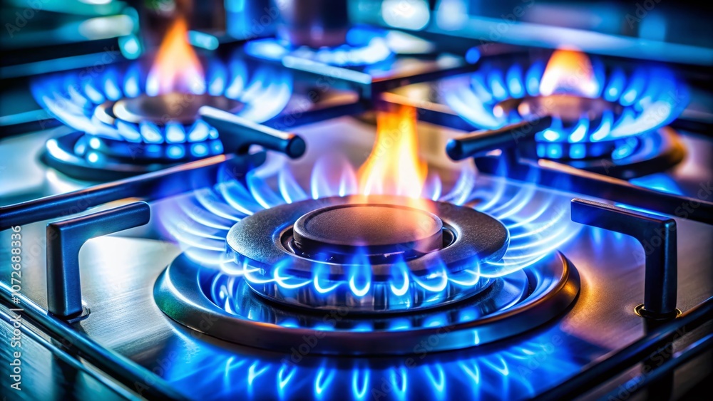 Close-up of a gas stove burner with blue flame showcasing the beauty of energy and cooking, symbolizing the efficiency of natural gas in modern household appliances Close-up of a gas stove burner with blue flame showcasing the beauty of energy and cooking, symbolizing the efficiency of natural gas in modern household appliances