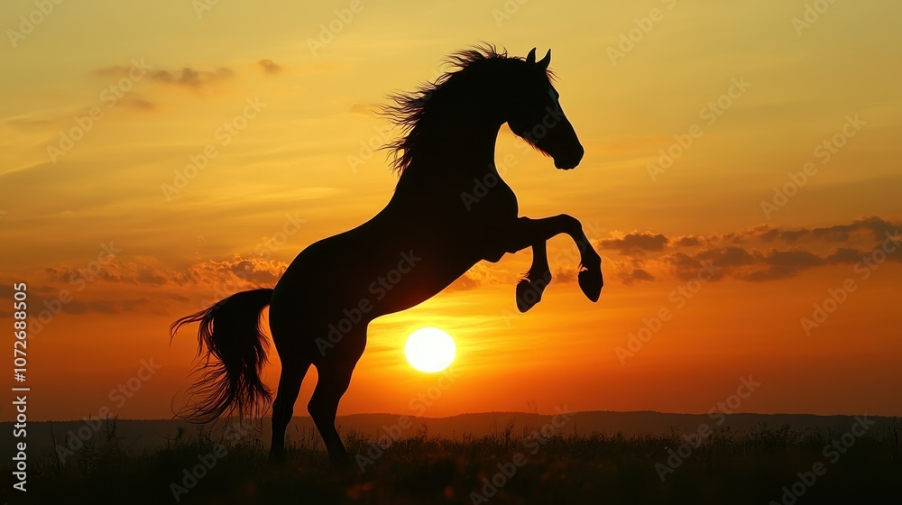 Majestic Silhouette of a Horse Leaping Against a Vibrant Sunset.