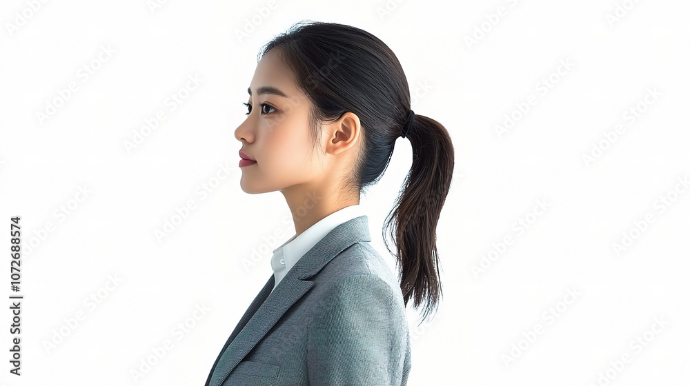 Young Asian Woman in Professional Attire Showcasing a Detailed Side Profile in a Collage Arrangement for Stock Photo Use and Creative Projects Young Asian Woman in Professional Attire Showcasing a Detailed Side Profile in a Collage Arrangement for Stock Photo Use and Creative Projects