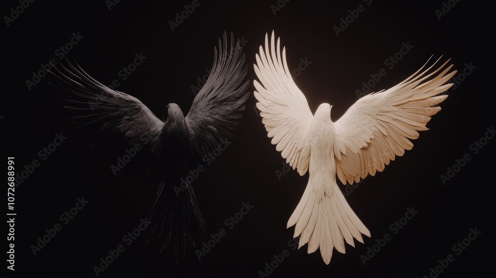 Obraz premium Black and White Birds in Flight Symbolic Concept Art