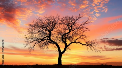 Silhouette of a Tree at Sunset with Dramatic Sky and Clouds.