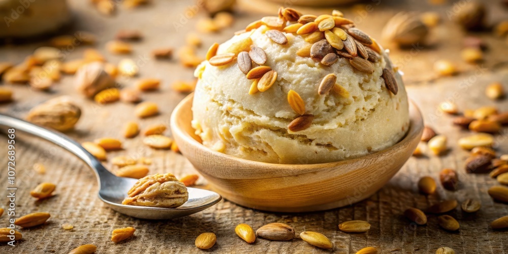 Fototapeta premium A scoop of creamy, nutty ice cream topped with toasted seeds, nestled in a wooden bowl, surrounded by scattered almonds on a rustic wooden surface.