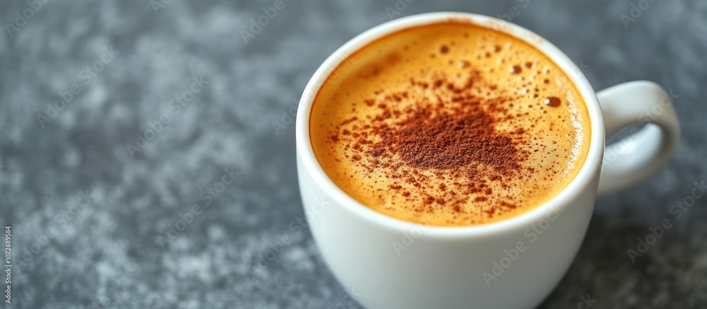 Close-up of a white cup of cappuccino with a sprinkle of cinnamon on top, sitting on a gray background. Close-up of a white cup of cappuccino with a sprinkle of cinnamon on top, sitting on a gray background.