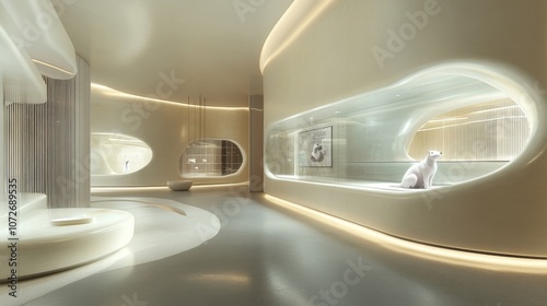 Modern Minimalist Interior Design of a Futuristic Space Featuring Organic Shapes, Soft Lighting, and a Serene Atmosphere Ideal for Relaxation and Reflection photo