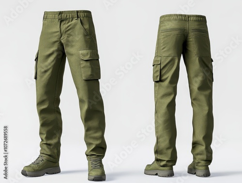 Men's Green Cargo Pants Mockup - Front and Back View - Isolated on White Background.