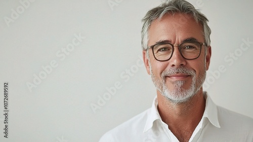 Mature man with stylish gray hair and glasses, exuding confidence and warmth with a charming smile, posed against a clean background for a modern and professional setting.