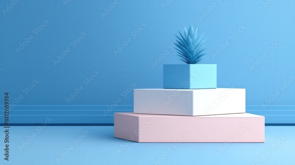 Minimalist Blue White Pink Podium with Plant for Product Display Minimalist Blue White Pink Podium with Plant for Product Display