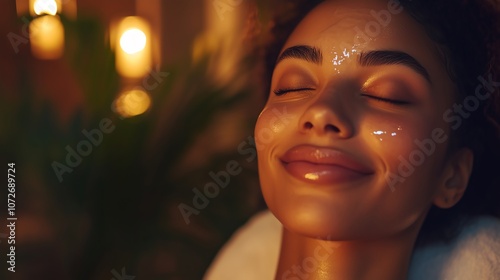 Close-Up of a Woman with Closed Eyes and a Soft Smile, Enjoying a Facial Treatment as an Esthetician Applies a Glowing Serum in a Luxurious Spa