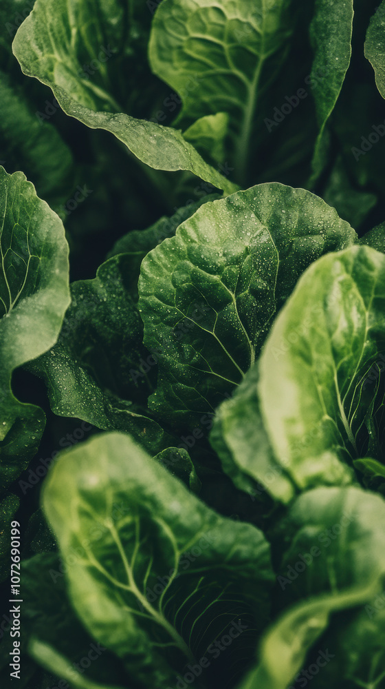 Obraz premium Close up of vibrant green lettuce leaves, showcasing realistic agriculture