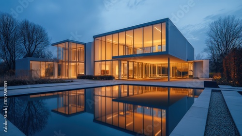 Modern house with large glass windows and a serene pool at dusk, showcasing elegant design.