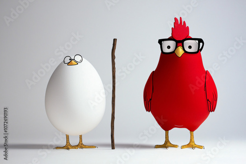 egg versus chicken dilemma, cute characters depict