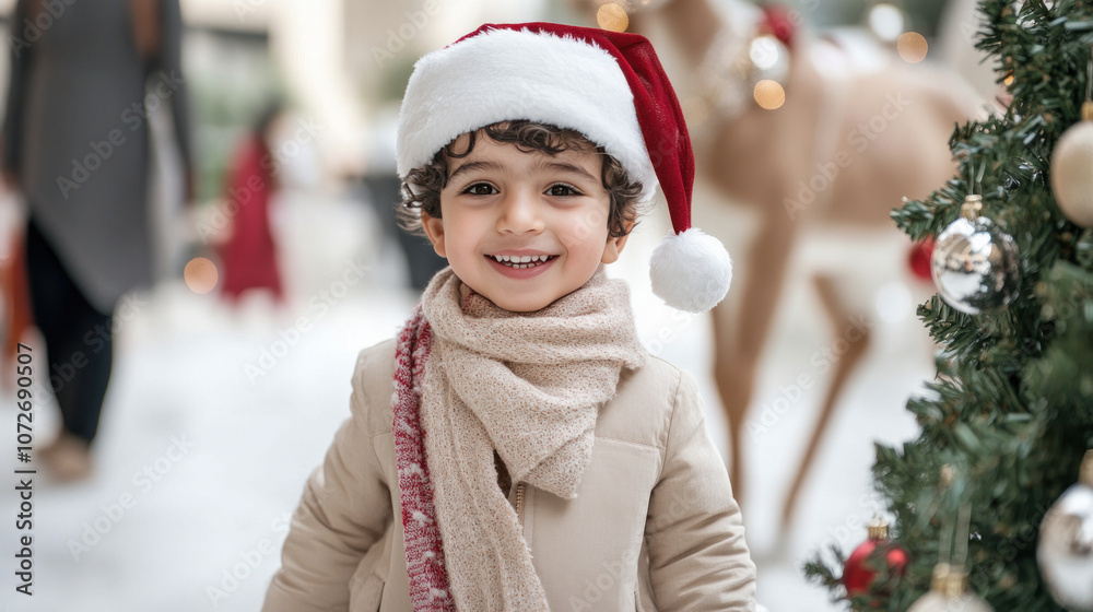 Arabian little boy wearing santa hat play with reindeer in Christmas Arabian little boy wearing santa hat play with reindeer in Christmas