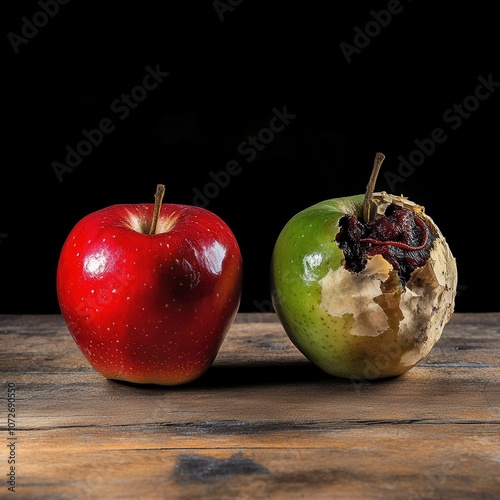 Fresh Red Apple vs Rotten Green Apple on Wooden Table - Decay and Time Concept.