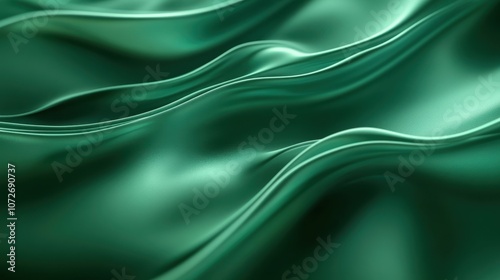 Abstract Green Fabric Waves Background, Flowing Drapes, Smooth Texture, Green Silk, Elegant Drapery