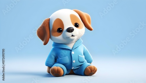 adorable dog plush toy in blue pajamas isolated on light blue