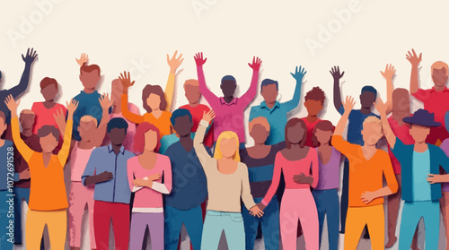 a diverse group of people, all with their arms raised. They are made of paper and look happy. illustration