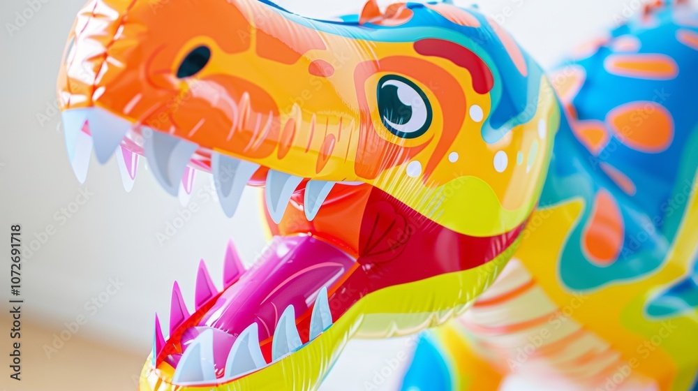 Naklejka premium An inflatable dinosaur playmate with a design straight out of a 1980s cartoon featuring bright colors and exaggerated features.