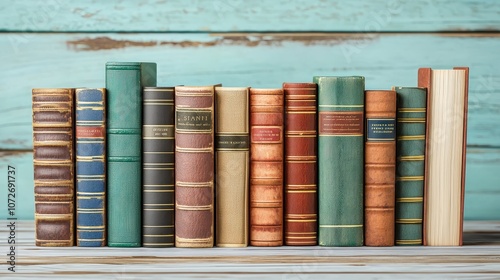 Vintage Leather Bound Books Row On Rustic Wooden Table Library Literature Collection