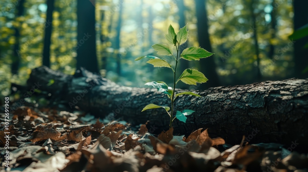 Green Sprout Growing From Fallen Tree Trunk in Forest with Sunlight Through Trees Green Sprout Growing From Fallen Tree Trunk in Forest with Sunlight Through Trees