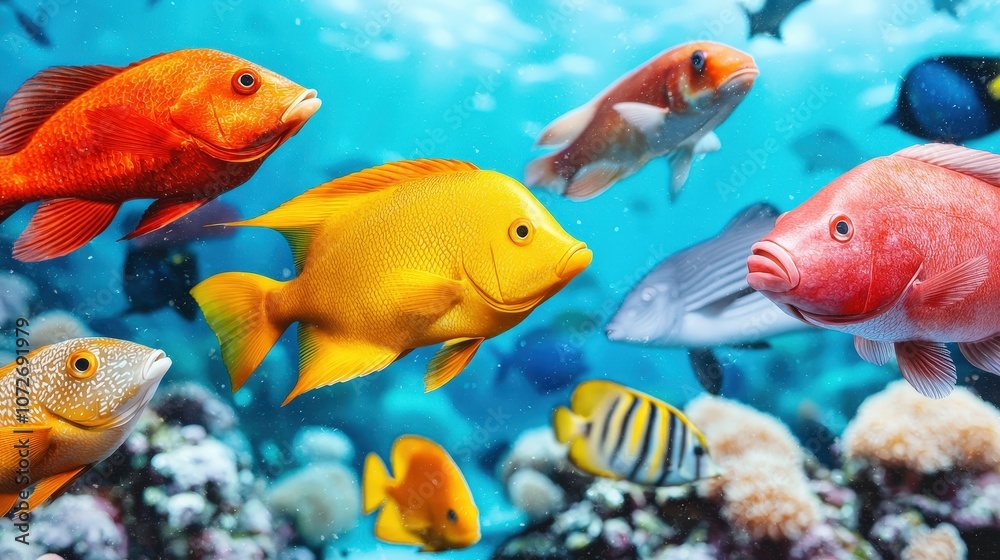 Fototapeta premium Colorful Tropical Fish Swimming in a Coral Reef Underwater Scene