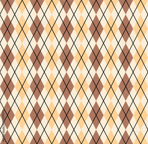 Argyle seamless pattern in warm colors. Geometric checkerboard pattern of diamonds and lines. Classic pattern for knitted winter sweaters and vests.