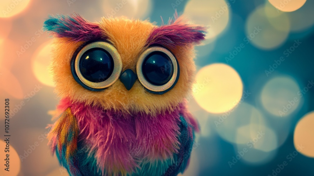 Colorful and Cute Plush Owl with Big Eyes Set Against a Soft, Dreamy Bokeh Background Ideal for Children’s Themes, Toys, or Nature Inspired Designs Colorful and Cute Plush Owl with Big Eyes Set Against a Soft, Dreamy Bokeh Background Ideal for Children’s Themes, Toys, or Nature Inspired Designs
