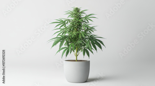 Cannabis plant with vibrant green leaves in a modern white pot.