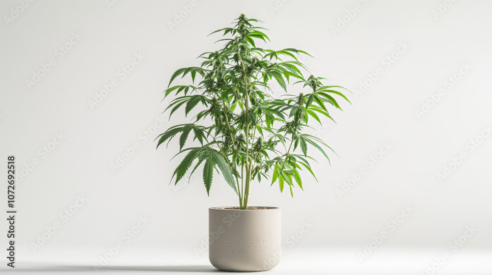 Cannabis plant with flowers growing in a beige pot. Cannabis plant with flowers growing in a beige pot.