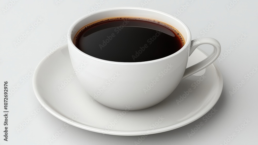 Hot Coffee in White Mug on White Saucer Morning Beverage Concept Hot Coffee in White Mug on White Saucer Morning Beverage Concept