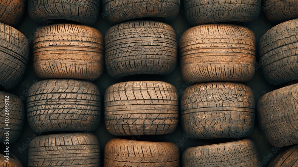 Old Worn Car Tires Stacked in Junkyard Recycling Waste Environmental Impact Old Worn Car Tires Stacked in Junkyard Recycling Waste Environmental Impact