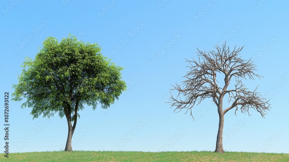 Fototapeta premium Green Tree and Dead Tree Side by Side Against a Blue Sky - Nature's Contrast
