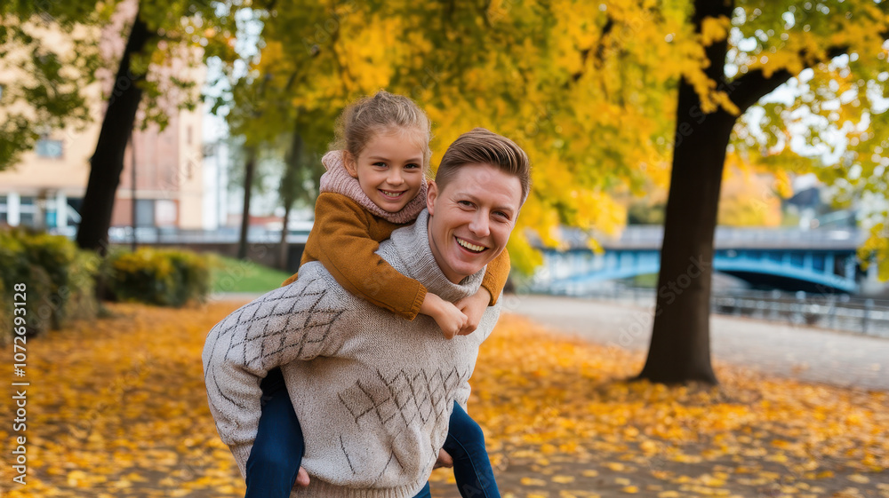 Smiling Caucasian man carries his young daughter on his back in a park, surrounded by vibrant autumn leaves, capturing a joyful family moment. Smiling Caucasian man carries his young daughter on his back in a park, surrounded by vibrant autumn leaves, capturing a joyful family moment.