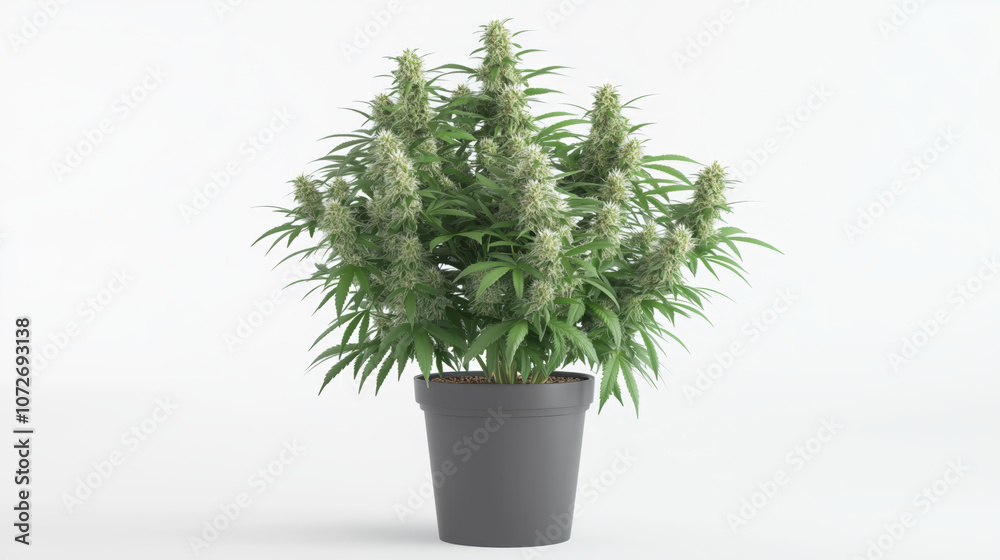 Healthy cannabis plant with multiple buds growing in a dark gray pot. Healthy cannabis plant with multiple buds growing in a dark gray pot.