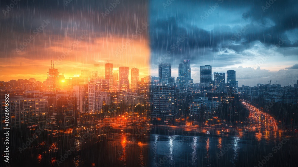 Fototapeta premium Dramatic Cityscape Split by Rain and Sunset with Reflections in Water