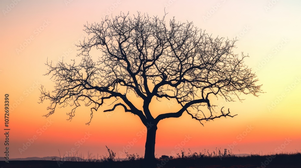 Silhouette of a Bare Tree Against a Vibrant Sunset Sky. Silhouette of a Bare Tree Against a Vibrant Sunset Sky.