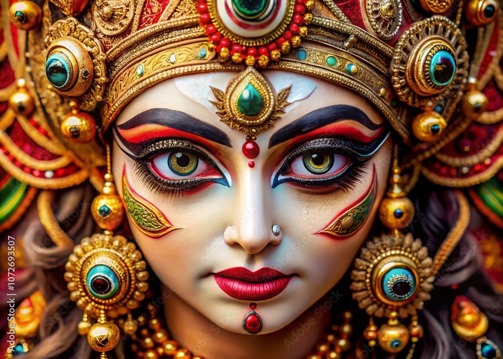 Closeup of Goddess Durga's Eyes with Detailed Henna Patterns and Sacred Symbols, Capturing Spiritual Essence and Cultural Richness in Portrait Photography Closeup of Goddess Durga's Eyes with Detailed Henna Patterns and Sacred Symbols, Capturing Spiritual Essence and Cultural Richness in Portrait Photography