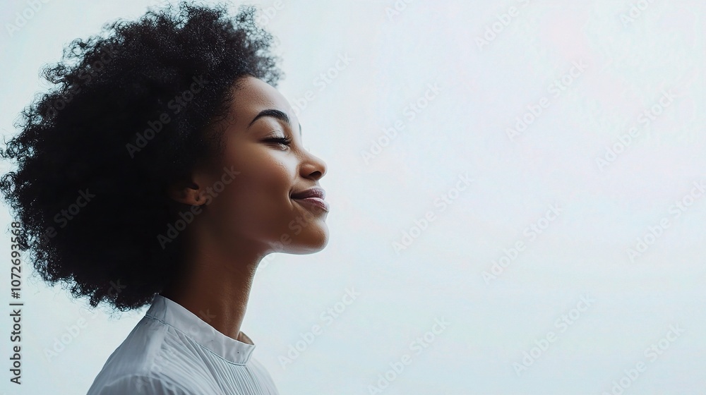 Joyful Woman Standing Proudly in Profile Against a Soft Light Background, Exuding Confidence and Positivity in a Minimalist Setting Joyful Woman Standing Proudly in Profile Against a Soft Light Background, Exuding Confidence and Positivity in a Minimalist Setting
