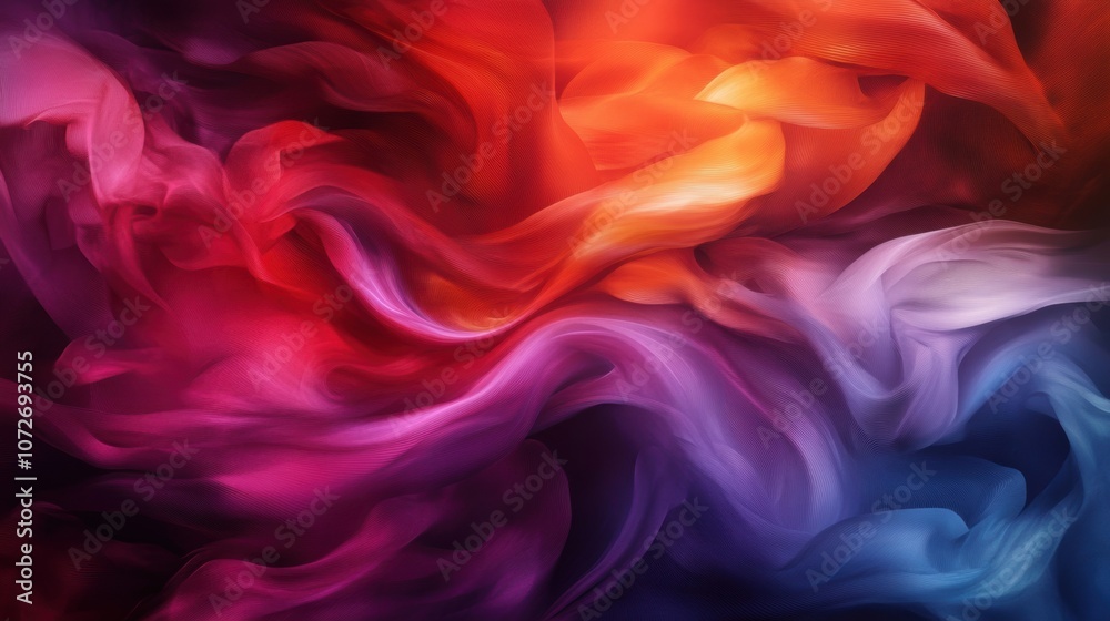 Vibrant abstract wavy texture in red, purple, and blue hues. Flowing fabric-like appearance.