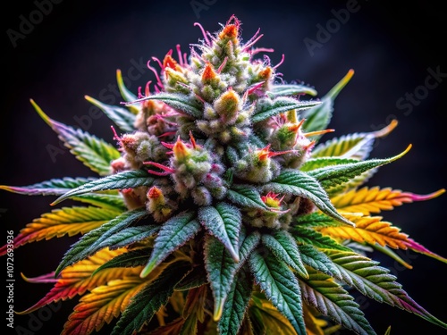 Closeup of Jack Herer Cannabis Plant in Full Bloom with Lush Buds Against a Dark Background for Stunning Documentary Photography photo