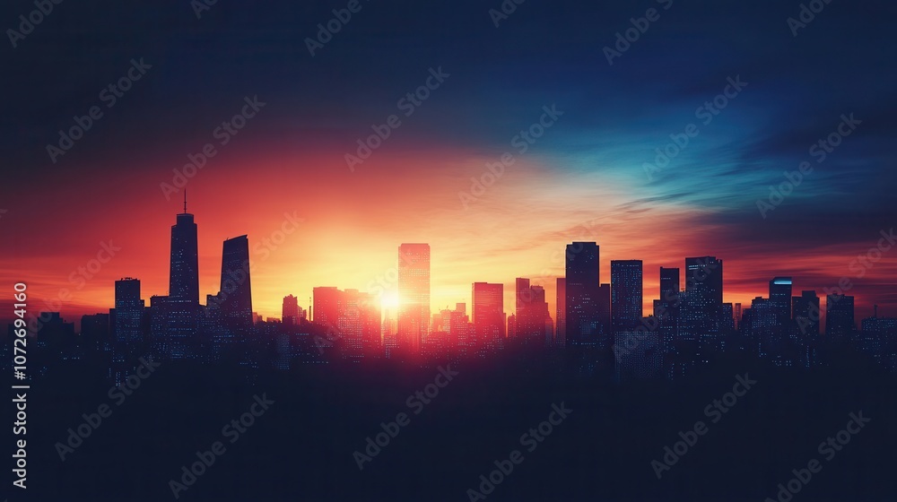 Stunning Silhouette of Modern City Skyline at Sunset with Vibrant Colors. Stunning Silhouette of Modern City Skyline at Sunset with Vibrant Colors.