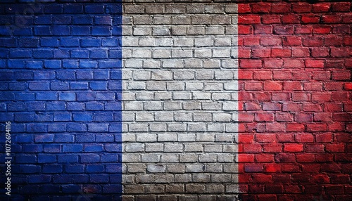 フランスの国旗がペイントされたレンガの壁。(Brick wall painted with the France flag.) 