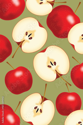 apple slices and halves on green background