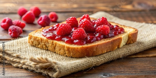 A close-up shot of a slice of bread topped with raspberry jam and fresh raspberries, resting on a burlap napkin atop a rustic wooden surface.