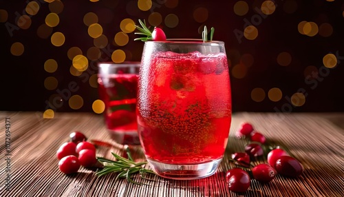 fresh cranberries as a garnish and tart cranberry juice with a dash of soda water. photo