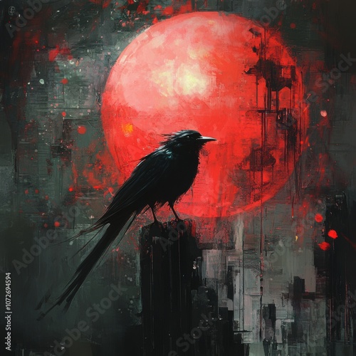 Black raven perched against abstract red moon background. Digital dark art illustration. Gothic nature concept photo