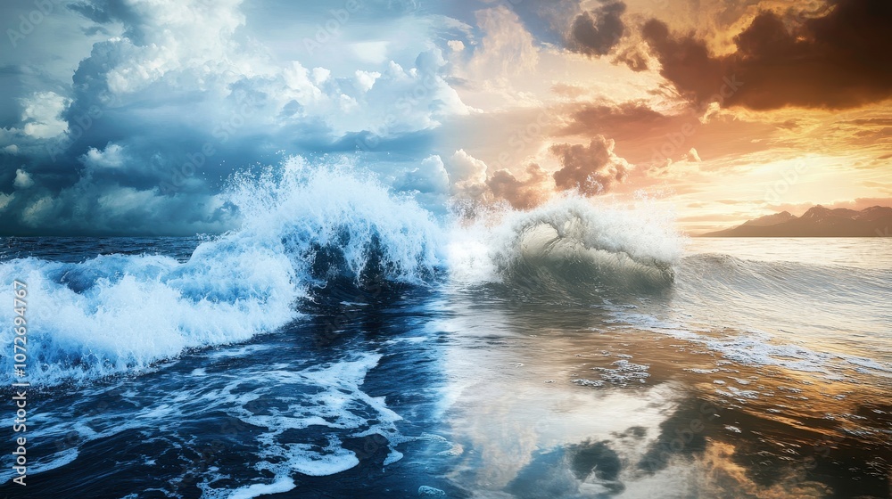 Dramatic Ocean Waves with Dramatic Sky and Mountain Silhouette at Sunset Dramatic Ocean Waves with Dramatic Sky and Mountain Silhouette at Sunset