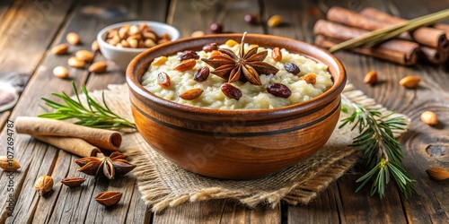 A wooden bowl of creamy rice pudding topped with star anise, almonds, and raisins, resting on a rustic wooden table with cinnamon sticks and sprigs of rosemary.